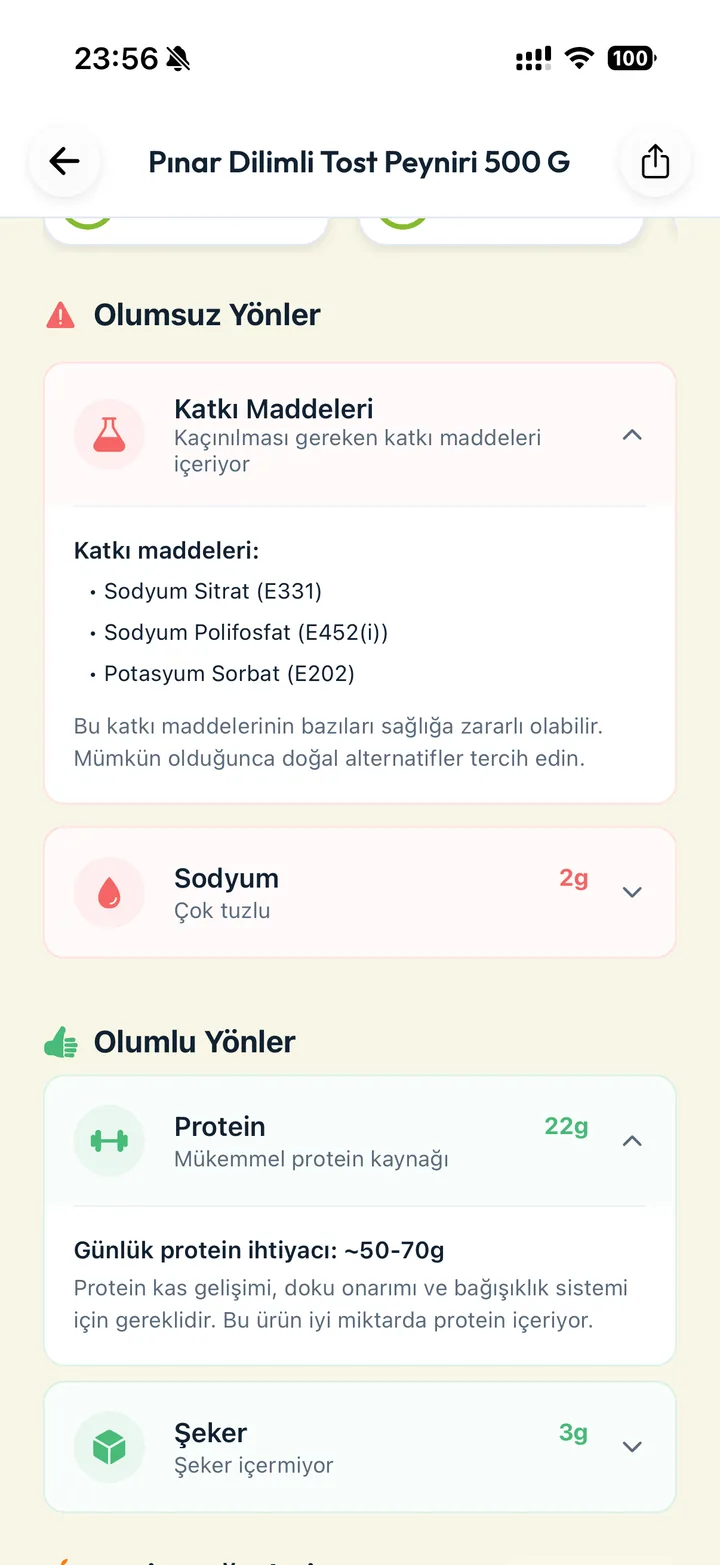 Besin App Product signals screen